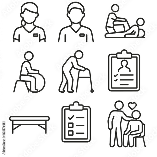 Rehabilitation Staff Icons. Outline style icons of Rehabilitation Staff: physical therapist, occupational therapist, therapist