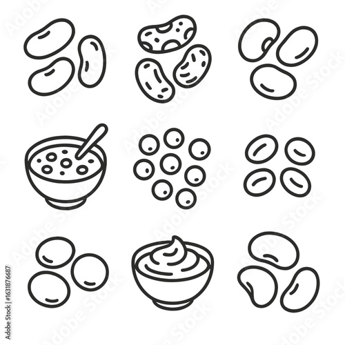 Legume Protein Icons. Line style icons of Legume Protein: kidney beans, pinto beans, white beans, lentil soup, split peas, mung