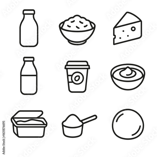 High-Protein Dairy Icons. Line style icons of High-Protein Dairy: milk bottle, ricotta bowl, cheddar wedge, kefir bottle,