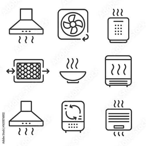 Air Control Appliances Icons. Outline style icons of Air and Odor Control Appliances: range hood, exhaust fan, air purifier for