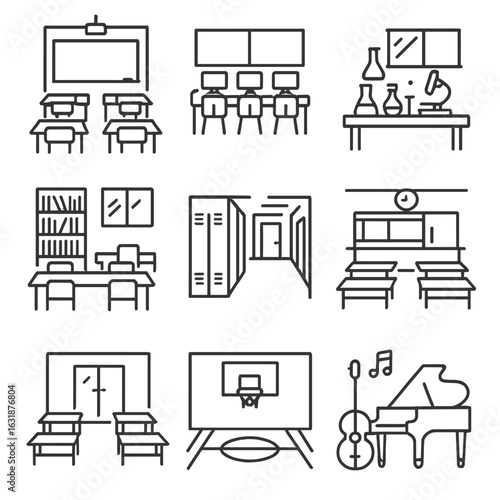 School Interior Icons. Outline style icons of School Building Interiors: classroom with desks, blackboard and projector setup,
