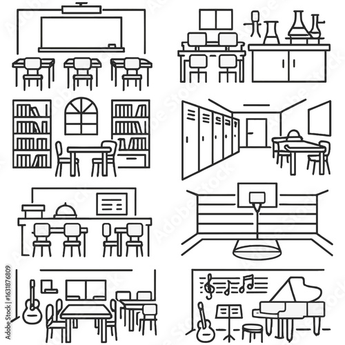 School Interior Icons. Outline style icons of School Building Interiors: classroom with desks, blackboard and projector setup,