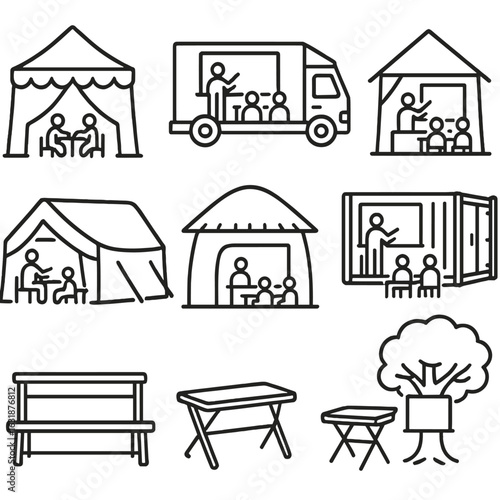 Temporary School Icons. Outline style icons of Temporary School Structures: pop-up classroom tent, mobile classroom truck,