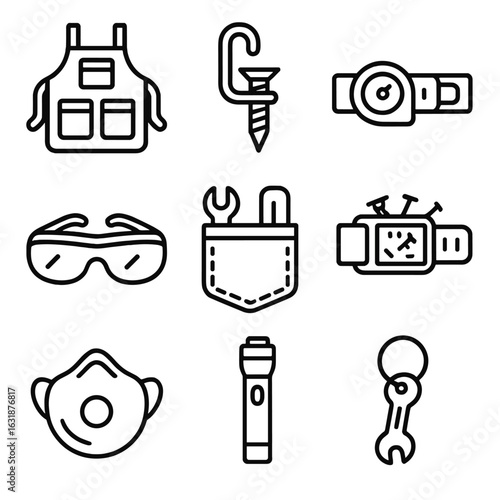 DIY Accessories Icons. Outline style icons of DIY Accessories Glyphs: utility apron, screw holder clip, measuring tape belt, tool