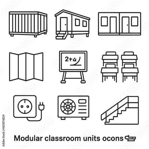 Modular Classroom Icons. Outline style icons of Modular Classroom Units: portable classroom container, wooden module with stairs,