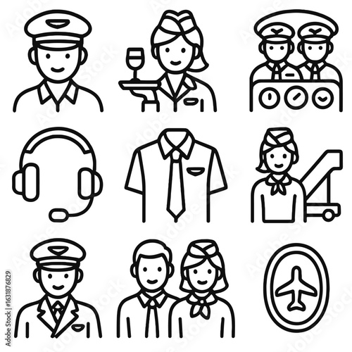Aviation Crew Icons. Outline style icons of Pilot and Crew: pilot with cap, flight attendant with tray, cockpit crew, airplane