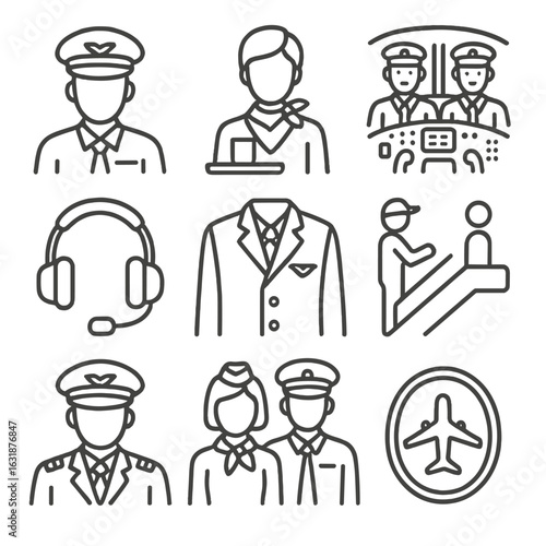 Aviation Crew Icons. Outline style icons of Pilot and Crew: pilot with cap, flight attendant with tray, cockpit crew, airplane