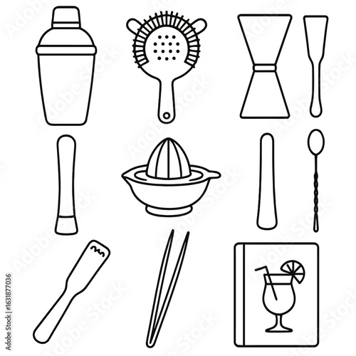 Tropical Cocktail Tools Icons. Outline style icons of Bartender Tools for Tropical Drinks: cocktail shaker, strainer, jigger,
