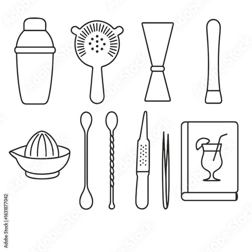 Tropical Drink Tools Icons. Outline style icons of Bartender Tools for Tropical Drinks: cocktail shaker, strainer, jigger, muddler