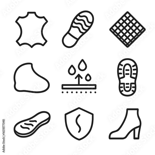 Shoe Material Icons. Outline style icons of Shoe Material Composition Tags: leather upper symbol, rubber sole label, mesh lining