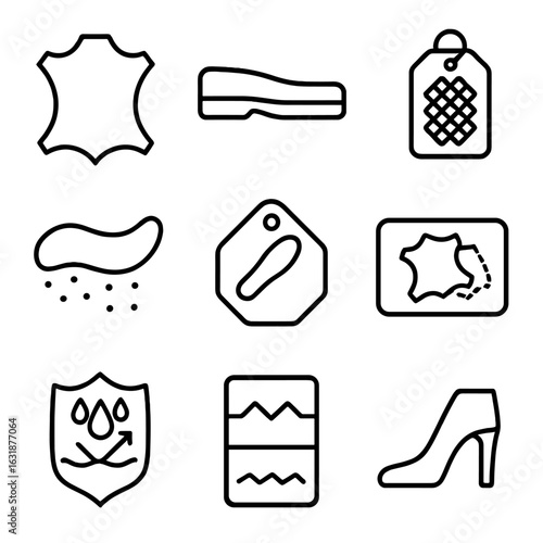 Shoe Material Icons. Outline style icons of Shoe Material Composition Tags: leather upper symbol, rubber sole label, mesh lining