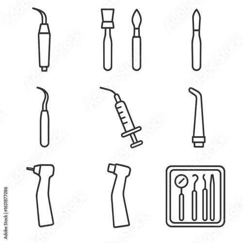 Dental Cleaning Tools Icons. Outline style icons of Professional Cleaning Tools: ultrasonic scaler, polishing cup, rubber tip