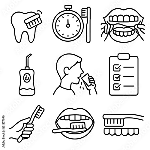 Tooth Cleaning Icons. Outline style icons of Tooth Cleaning Routine: brushing motion icon, timer with toothbrush, flossing teeth,