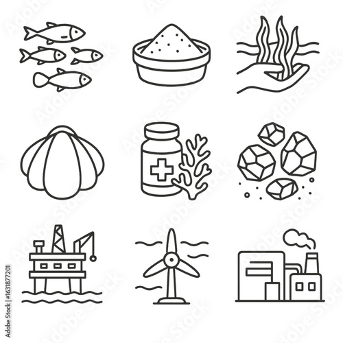 Ocean Resource Icons. Outline style icons of Ocean Resources: fish school, sea salt, seaweed harvest, shellfish, coral for
