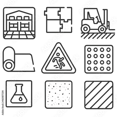 Industrial Flooring Icons. Outline style icons of Industrial Flooring: warehouse epoxy icon, heavy-duty tile, forklift-friendly
