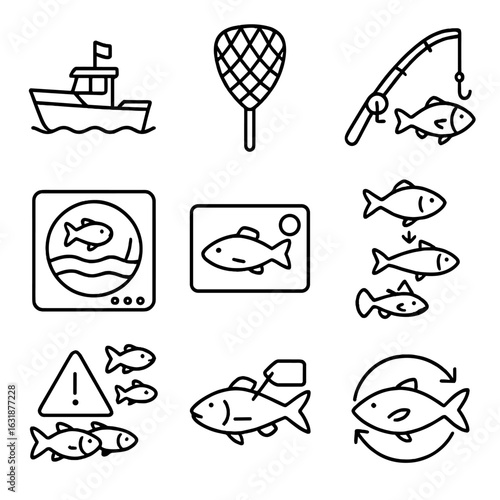 Fishing Icon Set. Outline style icons of Fishing and Ocean Use: fishing boat, net, rod and fish, sonar screen, fishing license,