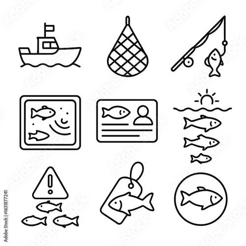 Fishing Icon Set. Outline style icons of Fishing and Ocean Use: fishing boat, net, rod and fish, sonar screen, fishing license,
