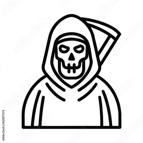 Halloween vector art of grim reaper with a scythe and skull face, a hooded figure representing death, isolated