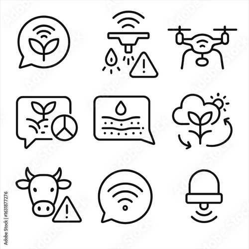 Smart Agriculture Icons. Outline style icons of Agricultural Connectivity: smart farm chat, irrigation system alert, drone