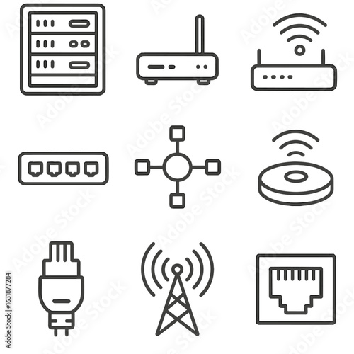 Network Device Icons. Outline style icons of Network Devices: server rack, modem, Wi-Fi router, network switch, LAN hub, access