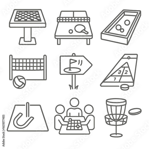 Recreation Icon Set. Outline style icons of Recreational Zones: chess table, ping pong table, bocce court, volleyball net, mini