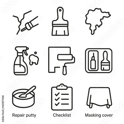 Painting Maintenance Icons. Outline style icons of Painting Maintenance and Touch-Up: crack repair icon, wall repaint brush,