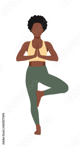 Faceless illustration of a Black woman practicing yoga. Young female in Vrikshasana or Tree Pose on a transparent background.