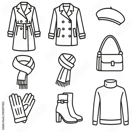 Urban Winter Icons. Outline style icons of Urban Winter Style: trench coat, peacoat, wool beret, stylish muffler, winter satchel,