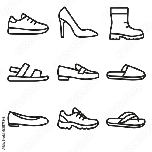 Footwear Icons Collection. Outline style icons of Footwear Collection: sneakers, high heels, boots, sandals, loafers, slippers,