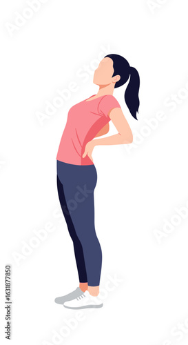 Young woman in athletic clothes holding her lower back in pain. Side view of a female character stretching. Minimalist vector illustration.