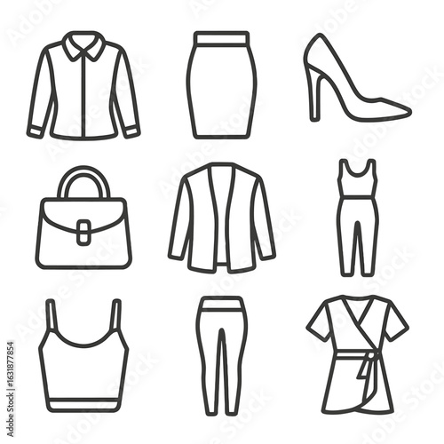 Fashion Icons Outline. Outline style icons of Women’s Fashion: blouse, pencil skirt, high heels, handbag, cardigan, jumpsuit, crop