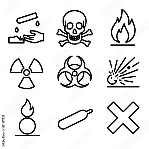 Chemical Hazard Icons. Outline style icons of Chemical Hazard Symbols: corrosive symbol, toxic symbol, flammable icon, radioactive