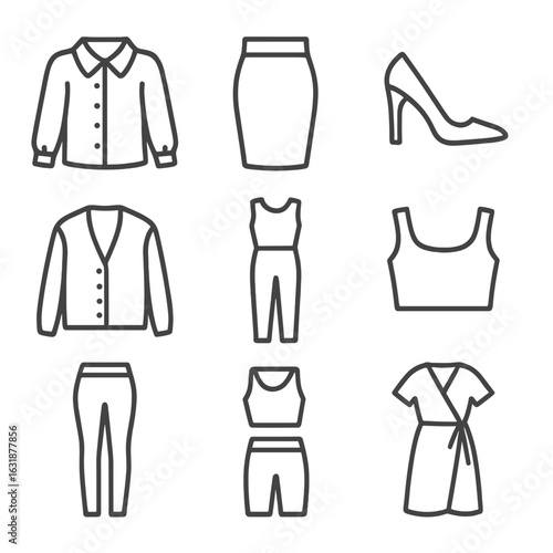 Fashion Icons Outline. Outline style icons of Women’s Fashion: blouse, pencil skirt, high heels, handbag, cardigan, jumpsuit, crop