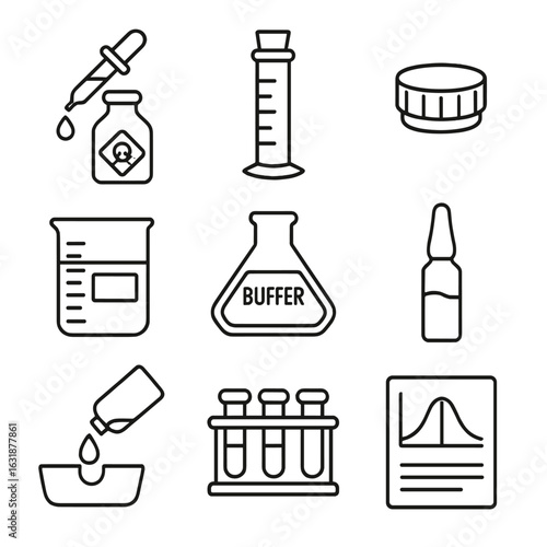 Chemical Safety Icons. Outline style icons of Safe Chemical Handling: reagent bottle with dropper, graduated cylinder with stopper