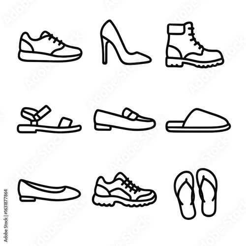 Footwear Icons Collection. Outline style icons of Footwear Collection: sneakers, high heels, boots, sandals, loafers, slippers,