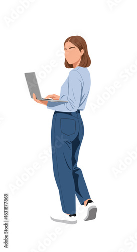 Young woman with laptop computer. Vector illustration of a female student or remote worker isolated on a transparent background.