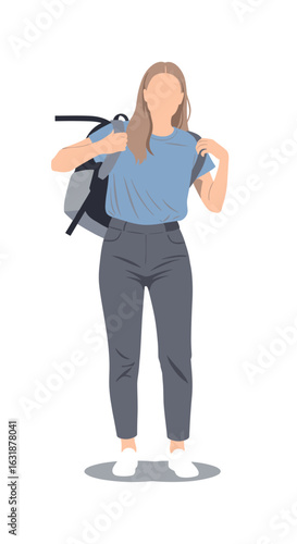 Faceless young woman putting on a backpack. Female student or traveler in casual clothes. Flat vector illustration isolated on transparent background.