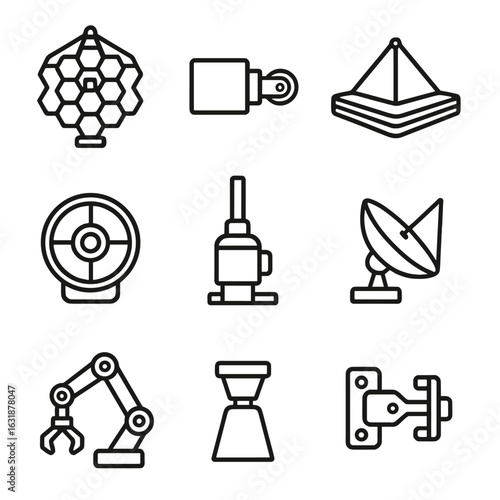 Space Robotics Icons. Outline style icons of Space and robotics: deep space telescope mirror, deployment hinge motor, sunshield