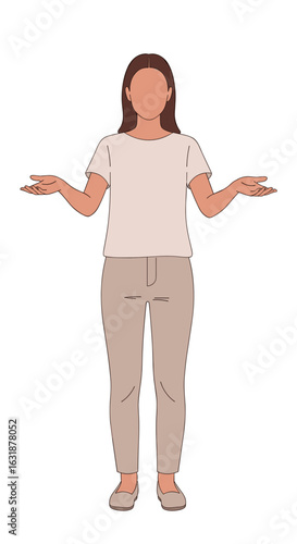 Faceless woman shrugging with open palms. Illustration of a person expressing uncertainty or confusion. Minimalist character design on a transparent background.