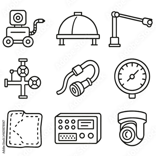 Space Robotics Icons. Outline style icons of Space and robotics: robotic refueling vehicle, propellant tank dome, docking boom arm