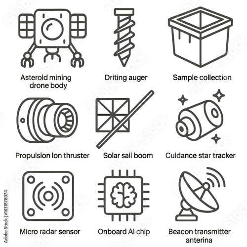 Space Robotics Icons. Outline style icons of Space and robotics: asteroid mining drone body, drilling auger bit, sample collection