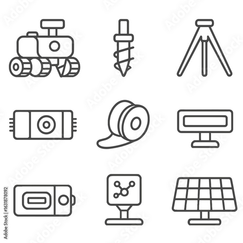 Space Robotics Icons. Outline style icons of Space and robotics: planetary drill robot body, rotary drill bit, auger dust screw,
