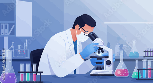 Vector illustration of a scientist working in a medical laboratory, analyzing samples with a microscope for research and development.