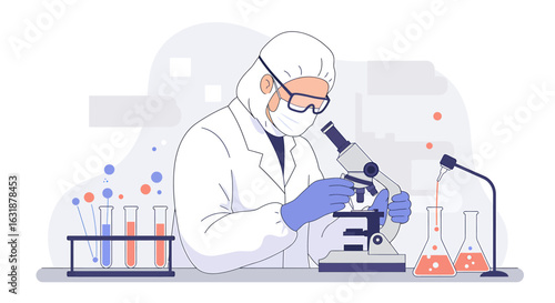 Scientist in a protective suit works in a laboratory, analyzing samples with a microscope. Modern vector illustration of scientific research and medical development.