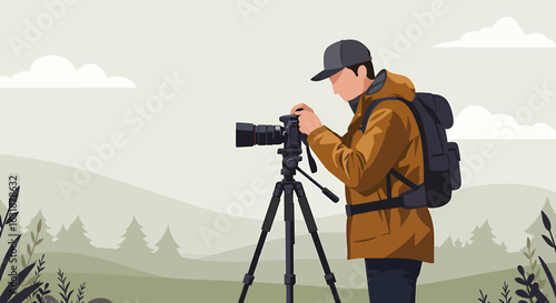 Vector illustration of a man with a camera and tripod capturing the beauty of a mountain landscape.