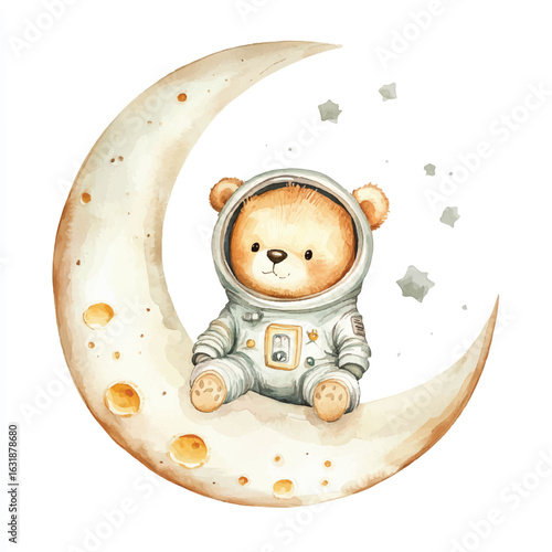 Adorable Astronaut Teddy Bear Comfortably Seated on a Crescent Moon