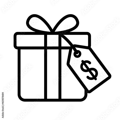 Gift box with dollar sign price tag icon. Vector line art symbol for shopping, sales, promotions, and holiday purchases.