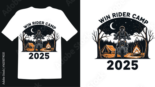 T shirt design vector art of motorcycle camp tshirt design with a rider, tent, campfire, moon, and win rider camp 2025 text, isolated on white background