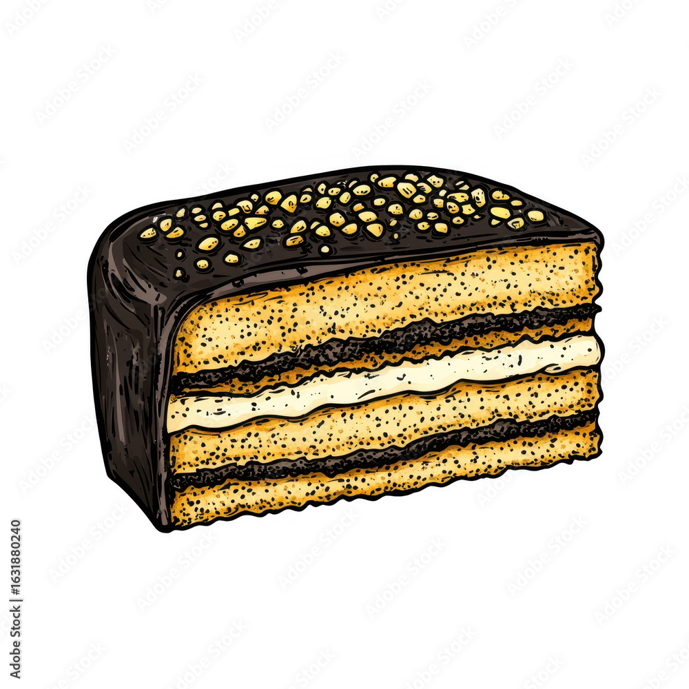 Fototapeta premium Exquisite Dobos Torte Illustration with Elegant Layers and Chocolate Coating, isolated on transparent background.