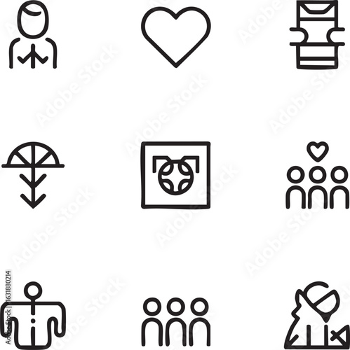 Social relationships and human interaction vector icon set outline style team,friends,connection,love,support,care,community,relationship,meeting,communication